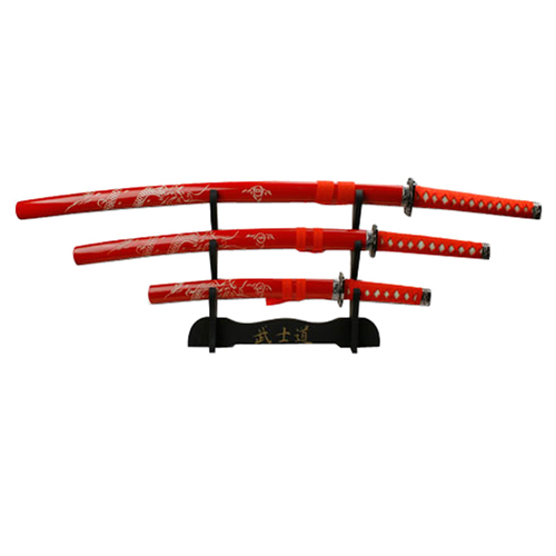 YK-58RD4 Red Cord Wrapped Handle 3 Pcs Sword Set