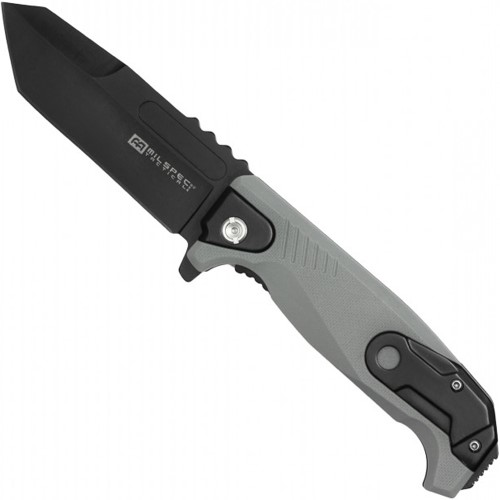 The Neptune Milspec Black Pocket Folding Knife features a sleek black and grey design. Durable, versatile, and perfect for various outdoor tasks and everyday carry.