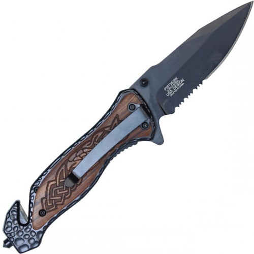 Unleash craftsmanship with the Neptune Celtic Black Folding Knife, adorned with Celtic wood accents. Elevate your collection with this unique blend of style and functionality.