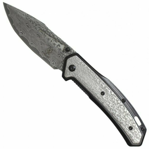 8 Buckshot Damascus Etched Folding Knife